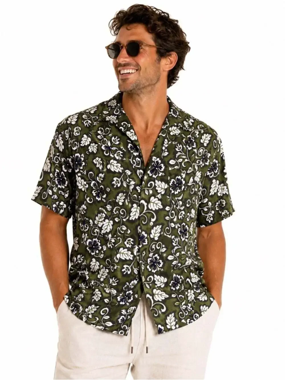 Sunset Highway Size Large 100% Cotton Green Floral Short Sleeve Hawaiian…